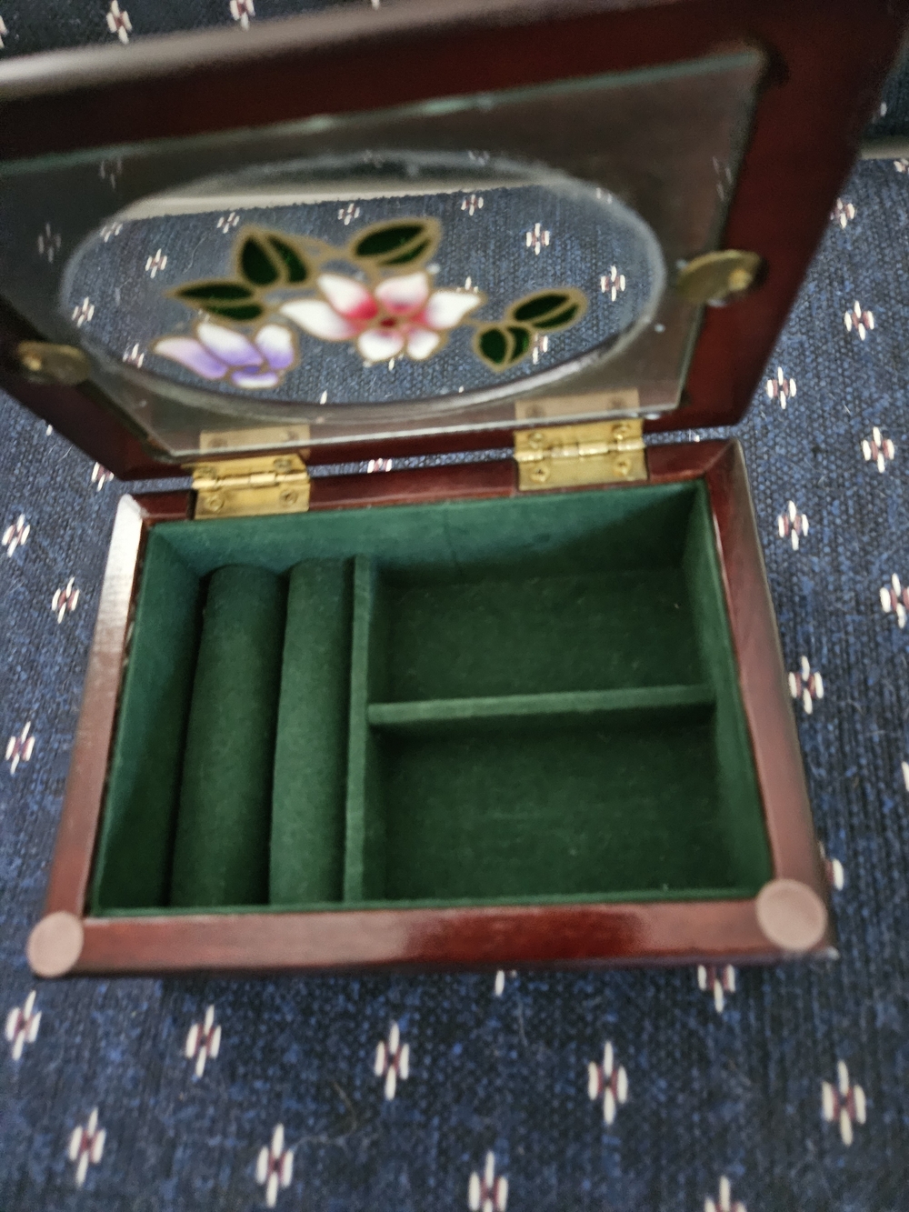 Classic Green Velvet Jewelry Box with Floral Glass Lid